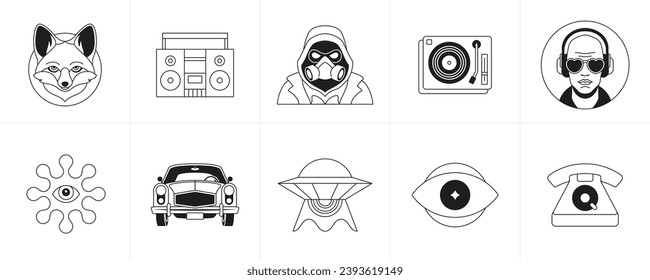 Psychedelic retro groovy monochrome cartoon character and element line icon set vector illustration. Surreal fox vintage tape recorder monster mask record player germ eye vintage car alien telephone