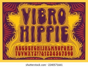 A psychedelic retro hippie alphabet design, with the effect of shimmering vibrations around the letters. Includes intricate 1960s style poster frame.