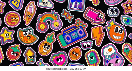 Padrão emoticon pop retro psicodélico em fundo preto - adesivos de desenhos animados groovy com arco-íris neon, rostos sorridentes, flores e símbolos para design de papel de parede funky, vintage arte digital estética.