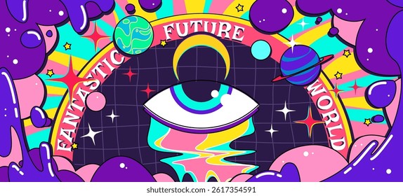 Psychedelic retro poster with abstract shapes. Vector illustration of bright color future world banners with eye, space planets, moon, geometric wireframe elements, surreal background, y2k aesthetic