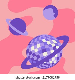 Psychedelic retro poster with purple planets and disco ball on wavy background with liquid shapes. Vector illustration