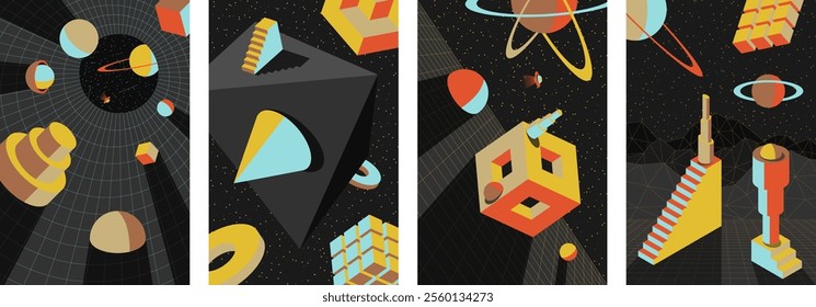 Psychedelic retro posters with colorful 70s and 80s vibes. Optical illusions and surreal cosmic scenes. Geometric patterns and spheres. Stairs in vintage perspectives. Bold vibrant design prints