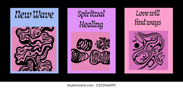 Carteles retro psicodélicos con formas geométricas y adornos. Nuevo estilo hippie espiritual de Wave. 