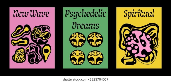 Psychedelische Retro-Poster mit geometrischen Formen und Ornamenten. New Wave spiritueller Hippie-Stil. 