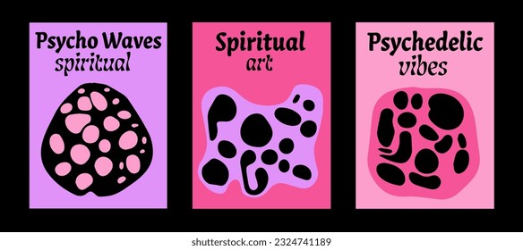 Psychedelic retro posters with geometric shapes and ornaments. New Wave spiritual hippie style. 