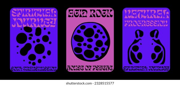 Afiches retro psicodélicos con formas geométricas y adornos en paleta de color rosa y azul ultravioleta. Estilo espiritual de la Nueva Era. 