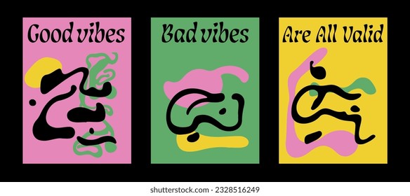 Carteles retro psicodélicos con formas geométricas y adornos. Estilo hippie espiritual de la Nueva Era. 