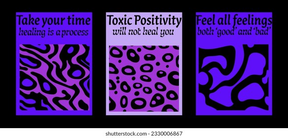 Psychedelic retro posters with geometric shapes and ornaments in pink and blue ultraviolet color palette. New Age spiritual style. 