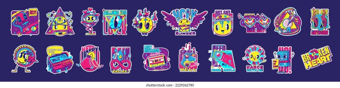 Psychedelic retro rave stickers with funny burger, coffee man, pager and retro audio tape and headphones. Mushrooms, skull, dinosaur and cute odd creatures. Cartoon vector acid design badges set