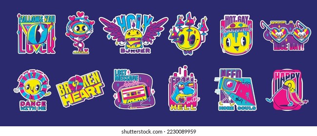 Psychedelic retro rave stickers with funny burger, dinosaur and mushrooms, retro audio tape and heart shaped glasses. Crazy dancer and cute odd creatures. Cartoon vector acid design badges set