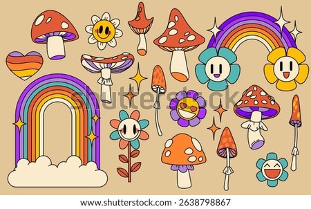 Psychedelic retro set with mushroom and flower, groovy rainbow arch with clouds. Vintage smiling daisies and colorful toadstools with sparkles and hearts. 70s hippie elements for nostalgic designs.