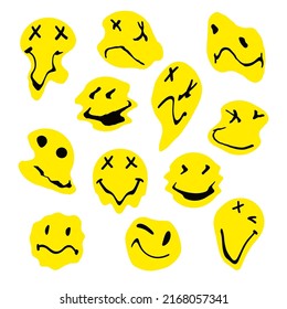 Psychedelic retro smiley faces. Melted smiling faces, liquid trippy groovy characters. Crazy Dripping smile emoticon vector illustration set isolated