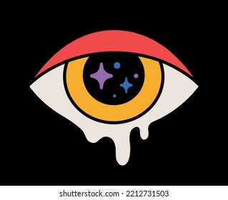 Psychedelic retro sticker. Acid groove icon with magical flowing or liquid eye, stars and eyelid. Design element for printing on paper. Cartoon flat vector illustration isolated on black background