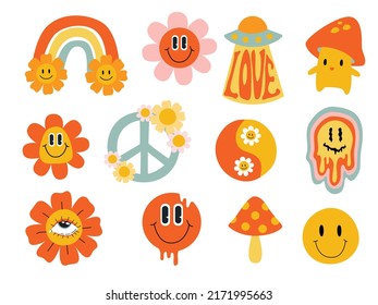 Psychedelic retro sticker. Cartoon abstract groovy comic funny emoji characters. Vector illustration set. 
