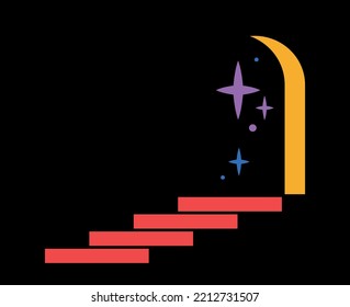 Psychedelic retro sticker. Dark groove poster with mystical door, stars and stairs. Path to subconscious. Design element for printing. Cartoon flat vector illustration isolated on black background