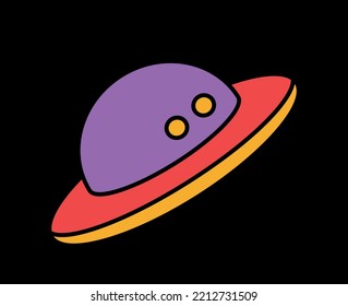 Psychedelic retro sticker. Dark groove poster with acid UFO or alien vehicle. Abstract funky icon. Design element for social networks. Cartoon flat vector illustration isolated on black background