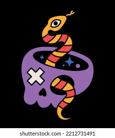 Psychedelic retro sticker. Groovy acid icon with purple skull, snake and stars. Dark funky poster. Design element for printing on fabric. Cartoon flat vector illustration isolated on black background