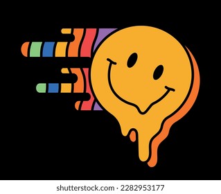 Etiqueta retro psicodélica. Afiche de ácido groovy con emoji sonriente amarillo y golpes de arco iris. Elemento de diseño para carteles y portadas. Dibujo vectorial plano de dibujos animados aislado en fondo negro