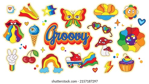 Psychedelic retro stickers in cartoon style. Set of retro elements in funky, hippie style. Rainbow, mushrooms, eyes, disco ball. Vector illustration of 70s, 80s