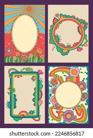 Psychedelic Retro Style Floral Decorative Frames Backgrounds Set 