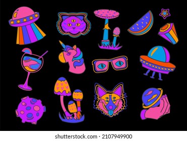 Psychedelic retro surreal elements sticker. Dog, unicorn and cat character, planets, ufo and mushrooms. Cartoon vector set.