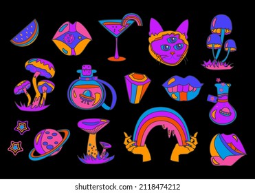 Psychedelic retro surreal elements sticker. Cat character, planets, ufo, mouth, lips, hands with rainbow, poision and mushrooms. Cartoon vector set