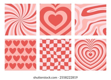 Psychedelic retro Valentine backgrounds 70s style set. Vintage love distorted patterns.