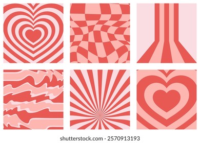 Psychedelic retro Valentine backgrounds 70s style set. Vintage love distorted patterns.