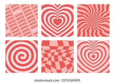 Psychedelic retro Valentine backgrounds 70s style set. Vintage love distorted patterns.