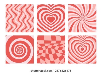 Psychedelic retro Valentine backgrounds 70s style set. Vintage love distorted patterns.