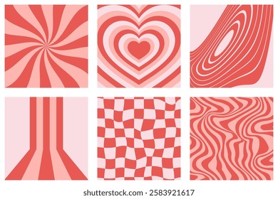 Psychedelic retro Valentine backgrounds 70s style set. Vintage love distorted patterns.