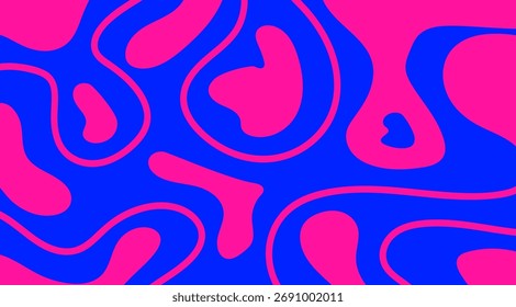 Un fondo ondulado abstracto rosa y azul de estilo retro psicodélico. Ondas, remolinos y Formas distorsionadas forman patrones ópticos dinámicos.