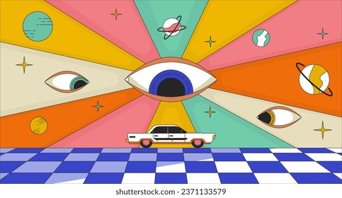 Psychedelic road trip 2D linear illustration concept. 60s trippy eyes watching over car riding cartoon scene background. Cosmic planets, groovy retro metaphor abstract flat vector outline graphic