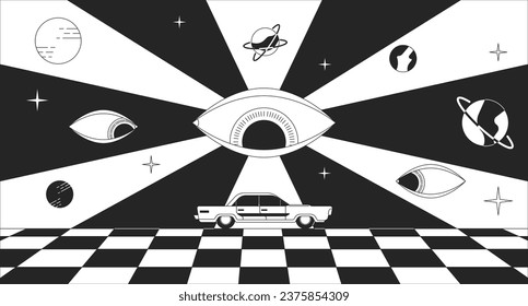 Psicodélico concepto de ilustración 2D en blanco y negro. Los ojos trippy de los años 60 mirando sobre el fondo de la escena de caricaturas en el perfil de los autos. Planetas cósmicos, metáfora retro groovni arte vectorial monocromo