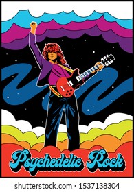 Psychedelic Rock Guitar Player Vintage Poster Stylization 