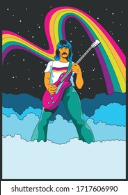 Psychedelic Rock Music 1960s, 1970s Music Album Cover, Poster Style, Guitar Player, Rainbow, Clouds, Bright Colors