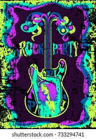 Psychedelic rock party poster design. Handmade drawing vector illustration. Vintage style. Combining pop art with grunge.