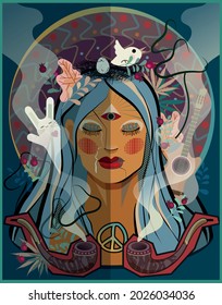 PSYCHEDELIC ROCK POSTER THE FACE OF A SLEEPING GIRL WITH LOOSE HAIR IN WHICH BIRDS AND RABBITS LIVE.DECORATED WITH BRANCHES AND BERRIES