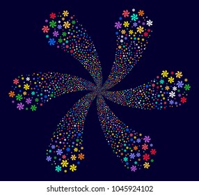 Psychedelic Rotor cycle twist on a dark background. Vector abstraction. Suggestive whirlpool organized from random rotor items.