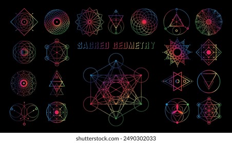 Psychedelic Sacred geometry vector design elements. Alchemy, religion, philosophy, spirituality, luxury hipster symbols. Set collection, spectrum colors signs isolated on black background 