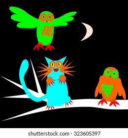 Psychedelic scary owls and cat under waxing moon