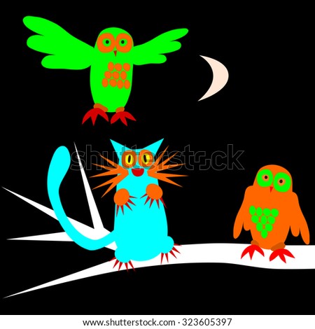 Psychedelic scary owls and cat under waxing moon