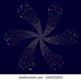 Psychedelic Screwdriver explosion flower with 6 petals on a dark background. Vector abstraction. Psychedelic twirl done from scattered screwdriver symbols.