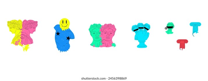 Psychedelic sculptures. Trippy surreal antique Greek crazy statue, acid colors, contemporary artwork, 90s style rave print, bright abstract trippy posters, vector cartoon flat style isolated set