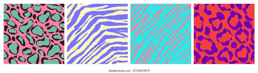 Conjunto de patrones de animales sin costura psicodélica. Ilustración realista de Vector de leopardo de color neón, guepardo, cebra, estampados de tigres con rayas de puntos brillantes, fondo de Fondo de pantalla groovy Y2K, diseño trippy