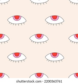 Psychedelic seamless background with eyes. Groovy retro seamless pattern. 70s vibes nostalgic seamless background for textile 