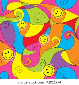 Psychedelic seamless background, with smiley. Vector illustration with global colors.