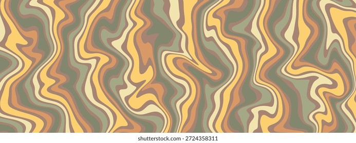 Fondo psicodélico sin fisuras con líneas onduladas y fluidas en una paleta de colores inspirada en los años 70. Los tonos amarillos, naranjas y verdes apagados crean un elemento de diseño abstracto vintage.
