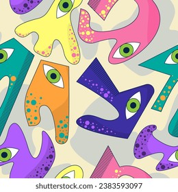 Psychedelic seamless colorful pattern with funny geometry characters with eyes