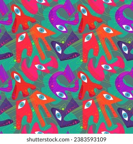 Psychedelic seamless colorful pattern with funny geometry characters with eyes